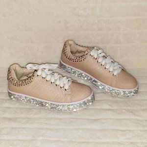 Bling Rhinestone Platform Sneakers Tennis Shoes Stud Collar Nude Snake